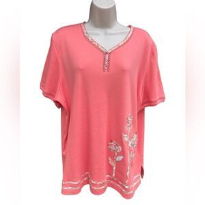 Alfred Dunner V-neck Peach and Yellow Floral Print Short Sleeve Embroidered